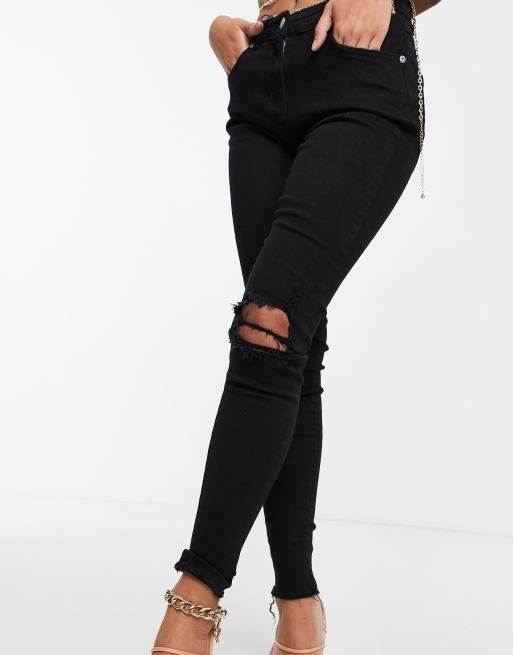 Parisian Petite skinny jeans with ripped knee in black, 3 of 4