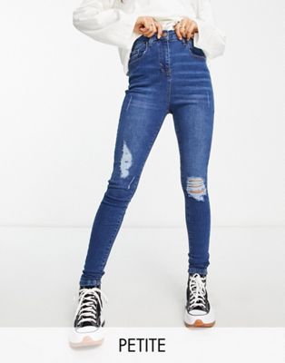 Parisian Petite skinny jeans with rips in mid wash blue