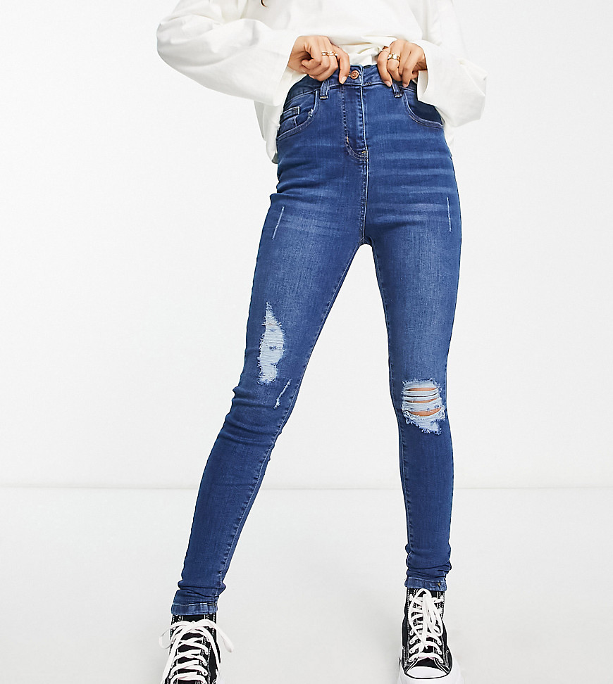 Parisian Petite skinny jeans with rips in mid wash blue