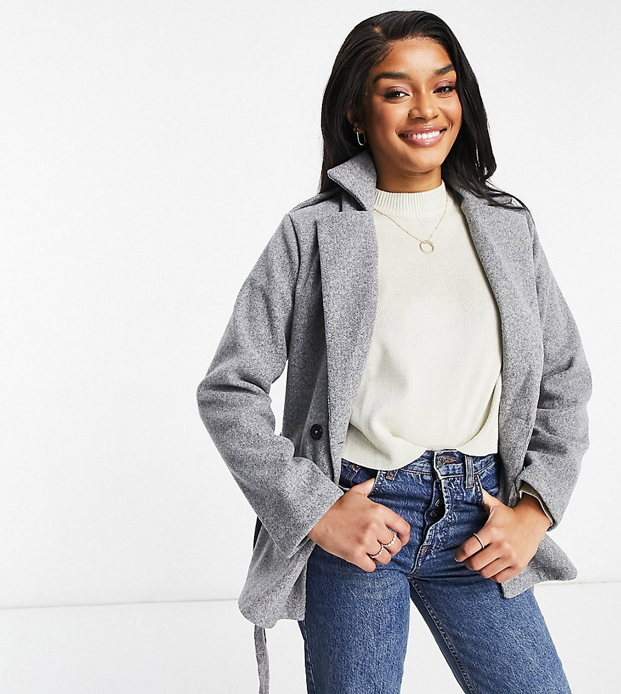 Parisian Petite tie waist double breasted jacket in gray-Grey