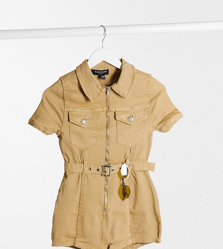 Parisian Petite utility romper with belted waist in stone-Neutral