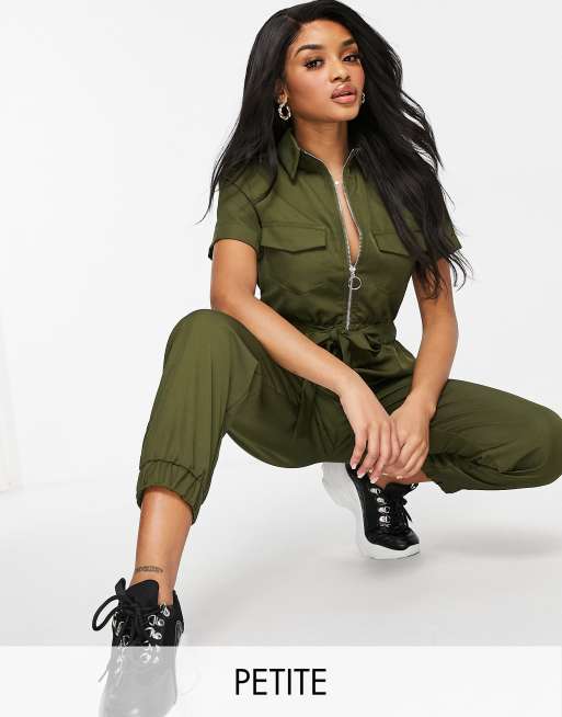 Parisian Petite zip through jumpsuit in khaki ASOS