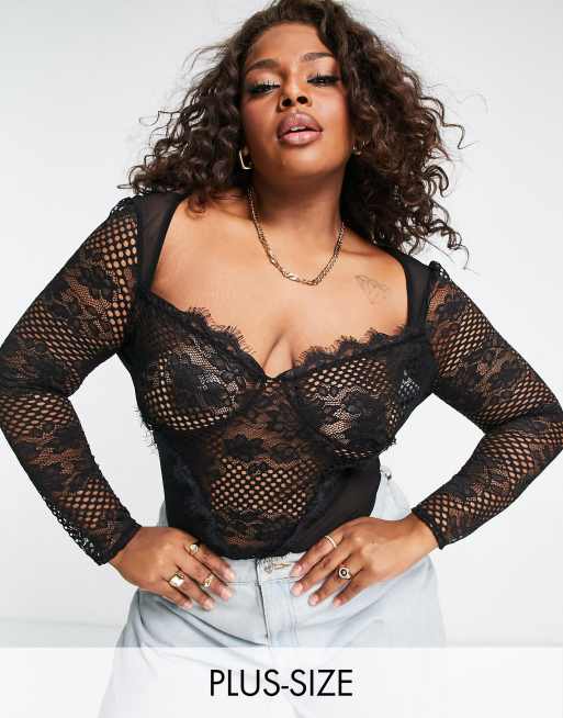 Women's Plus Lace Detail Long Sleeve Bodysuit