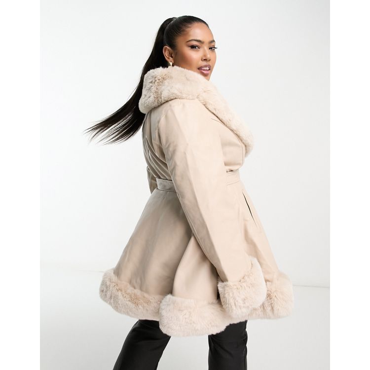 Fran Beige PU Faux Leather Faux Fur Trim Longline Belted Coat – LASULA
