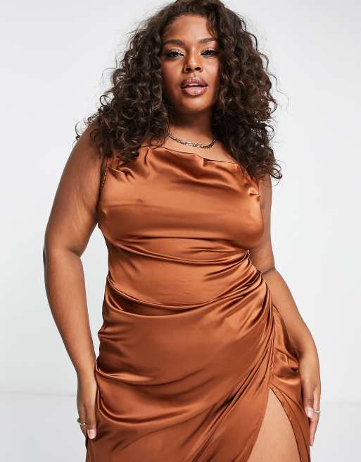 Parisian Plus satin midi dress in brown | ASOS