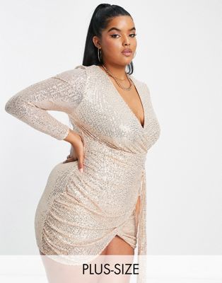 Parisian Plus sequin embellished mini dress with draping in champagne-Neutral