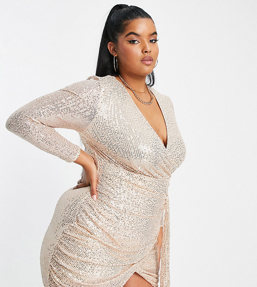 Parisian Plus sequin embellished mini dress with draping in champagne-Neutral