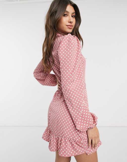 Dusty pink polka dot bardot tie waist shift clearance dress