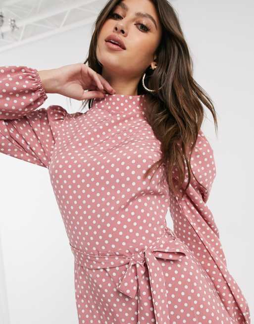 Dusty pink polka dot bardot tie waist shift dress sales