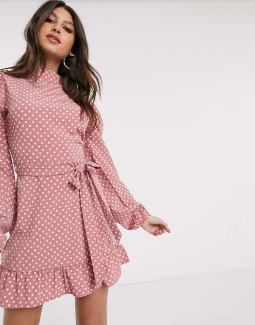 Dusty pink polka dot bardot tie waist shift outlet dress