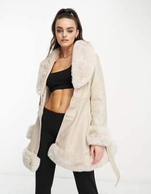 Parisian PU coat with faux fur shawl neck and hem in camel | ASOS