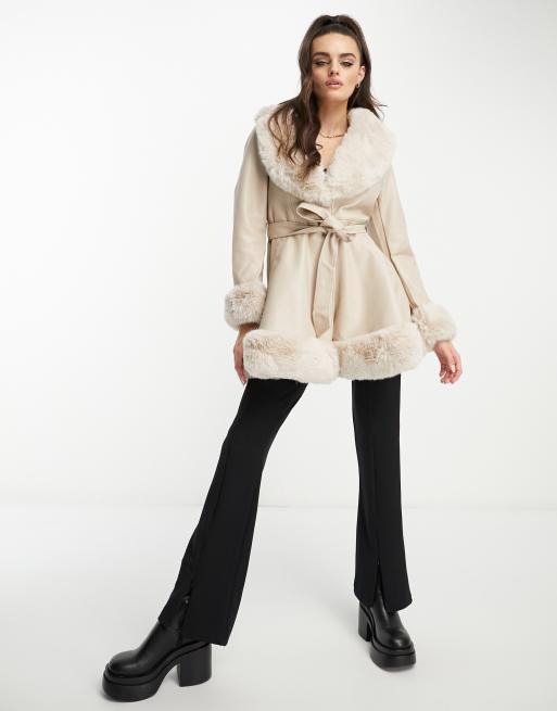 The Frolic quilted faux fur trim coat in black and brown