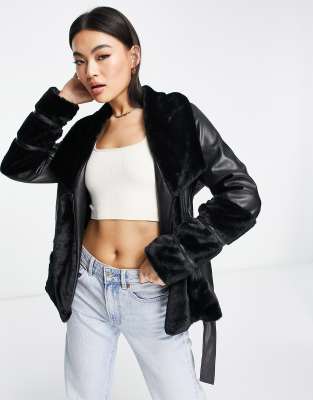 Parisian PU jacket with faux fur trims and belt in black | ASOS