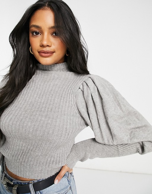 Parisian puff sleeve high neck ribbed jumper in grey