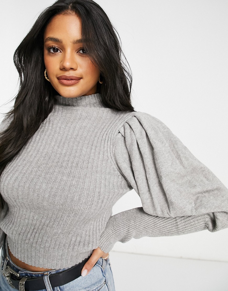 Parisian puff sleeve high neck ribbed sweater in gray-Grey