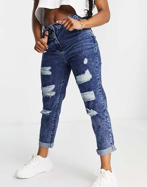 Parisian ripped boyfriend jeans in dark blue acid wash | ASOS