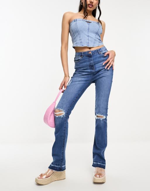 Parisian ripped knee distressed flared jeans in mid blue