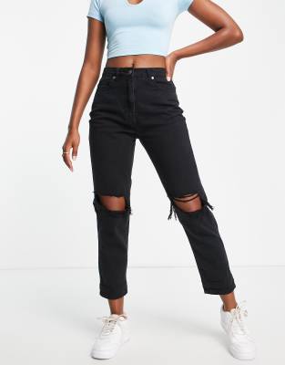 Washed Black Slogan Ripped Knee Mom Jeans - Carla