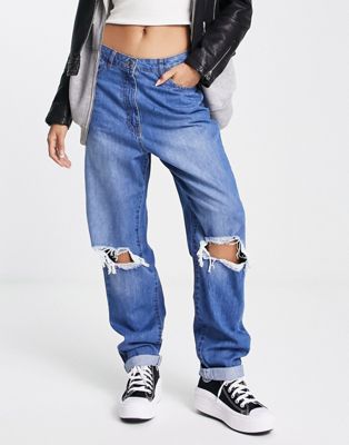 Parisian Ripped Mom Jeans In Mid Blue