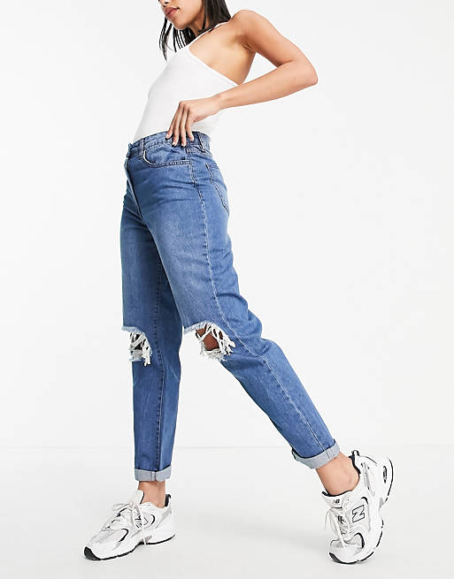 Parisian ripped mom jeans in mid blue