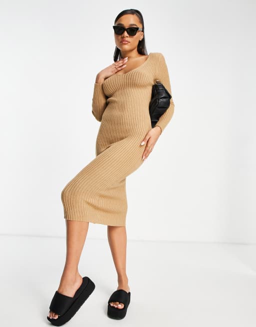 Parisian - Robe en maille à col en V - Beige