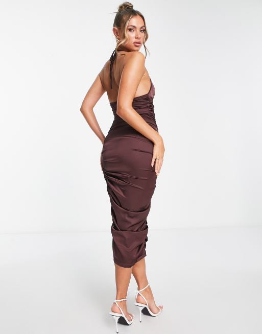 Parisian Robe fronc e mi longue en satin Marron chocolat