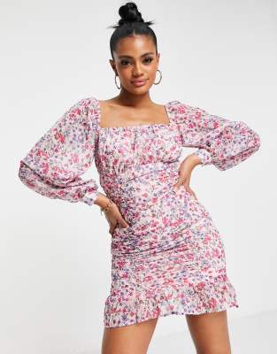 Parisian Parisian ruched bodycon mini dress in floral print-Pink