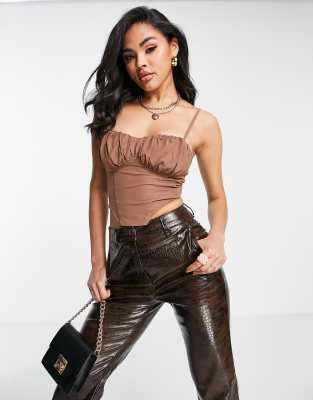 Parisian ruched crop top in brown