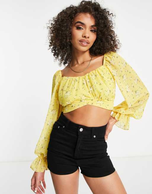 ASOS DESIGN 90s milkmaid mesh long sleeve top in dark floral