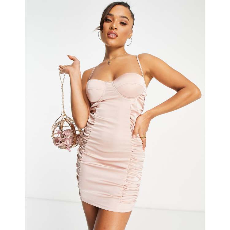 Parisian ruched satin body-conscious dress in beige | ASOS