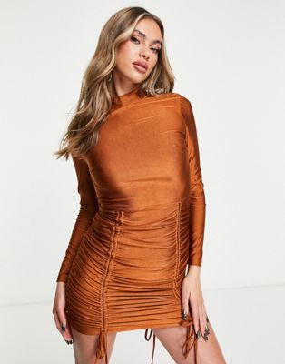 Parisian ruched tie side bodycon dress in rust