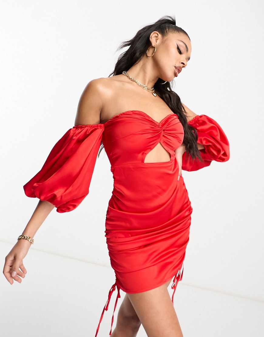 Parisian satin bardot cut out mini dress in red