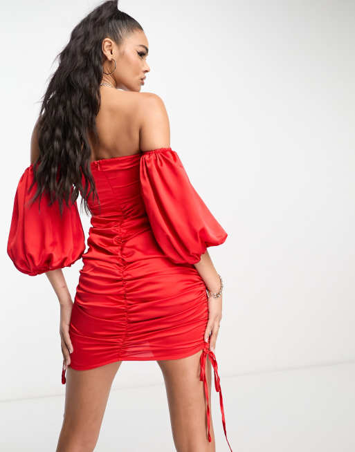 Red satin bardot store dress