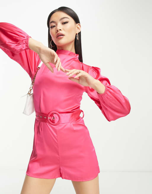 In The Style x Perrie Sian wrap front belted romper in pink