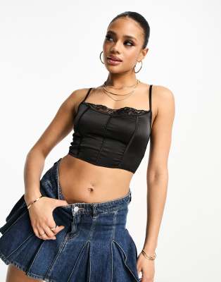 Parisian Parisian satin bustier crop top with lace trim in black
