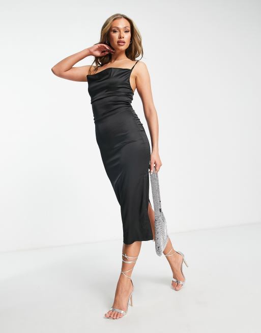 Cowl front satin store midi dress