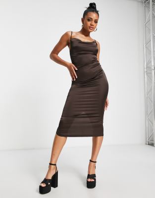 Parisian satin cami strap midi dress with cowl neck in chocolate brown - ASOS Price Checker