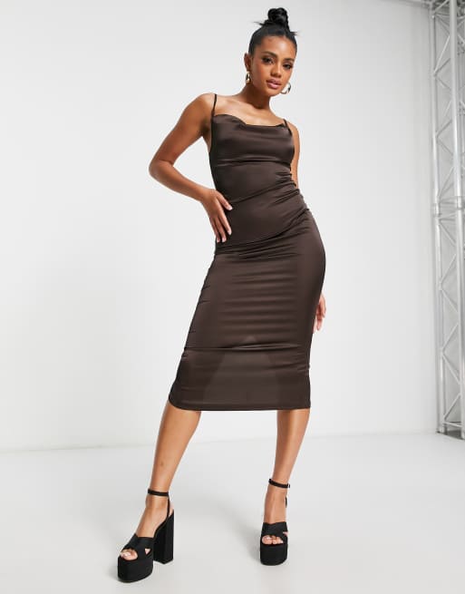 Parisian satin cami strap midi dress with cowl neck in chocolate