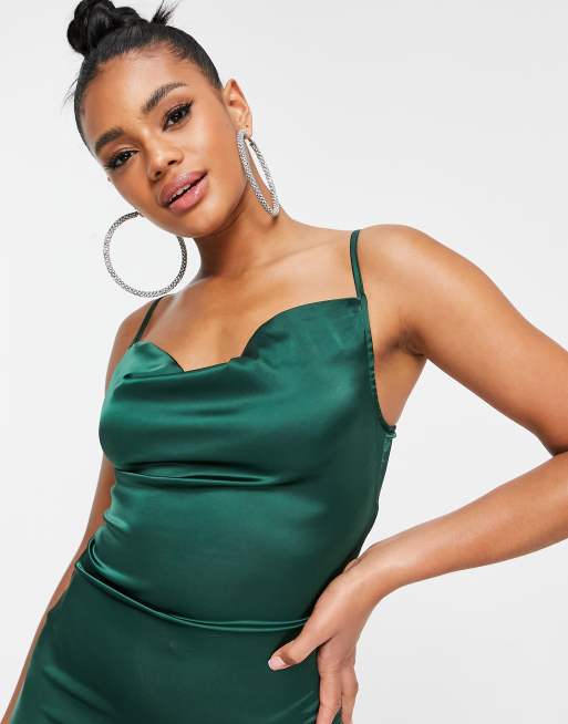 Green Cowl Neck Satin Slip Cami Midi Dress