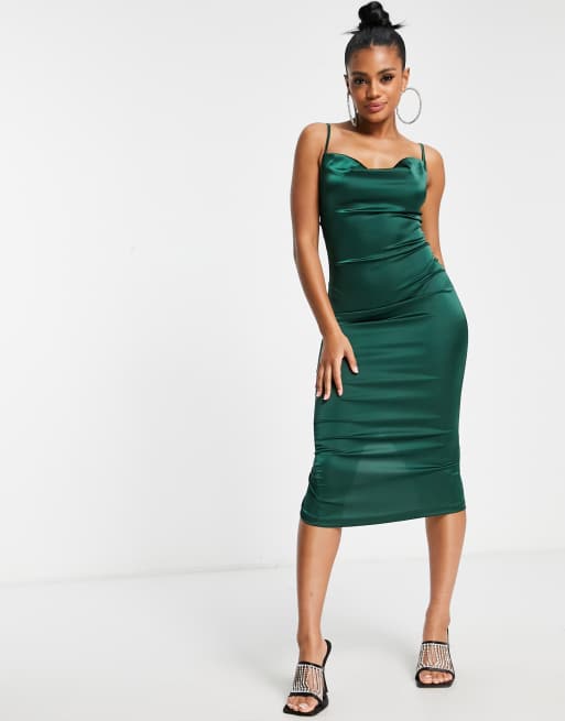 Parisian satin cami strap midi dress with cowl neck in forest green