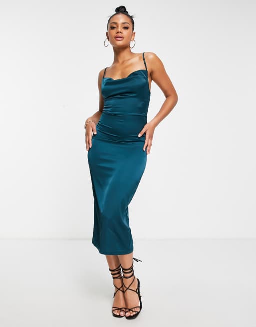 Parisian satin cami strap midi dress with cowl neck in teal