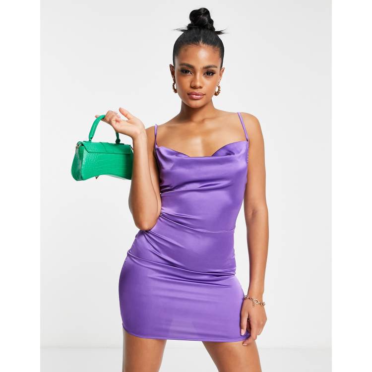 Cowl Neck Satin Short Dress - Grey Purple