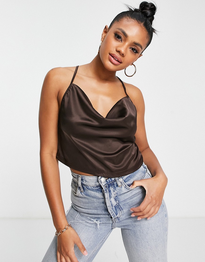 Parisian satin cami strap top with cowl neck in brown