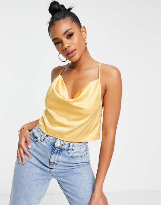 Parisian satin cami strap top with cowl neck in lemon ASOS