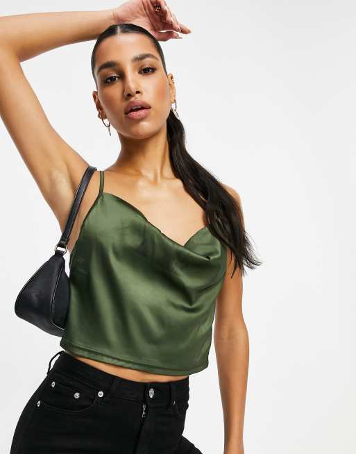 Parisian satin cami strap top with cowl neck in olive | ASOS