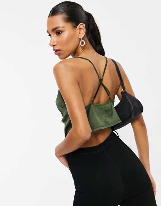 Parisian satin cami strap top with cowl neck in olive