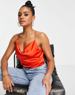 Parisian satin cami strap top with cowl neck in orange