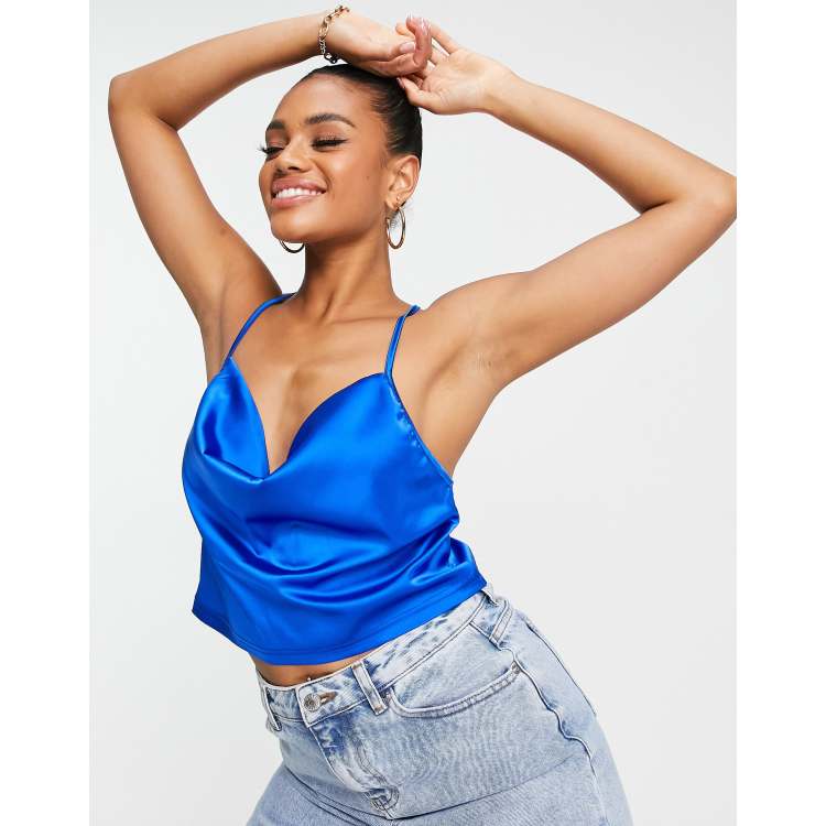 AsYou Satin Asymmetric Lace Up Cowl Cami Top in Blue