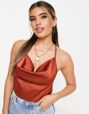 Parisian satin cami strap top with cowl neck in rust