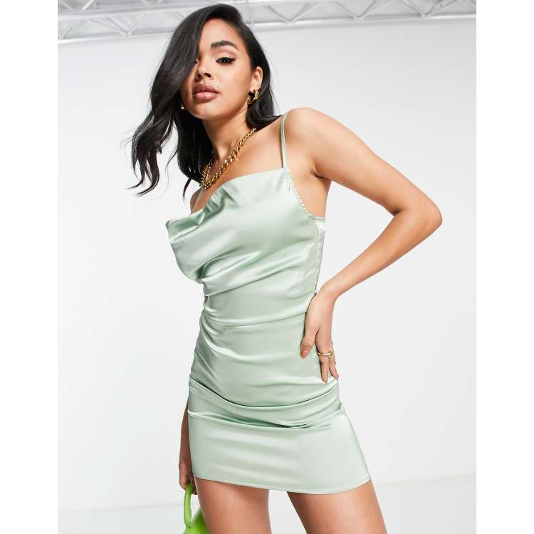 Green Satin Cowl Neck Dress